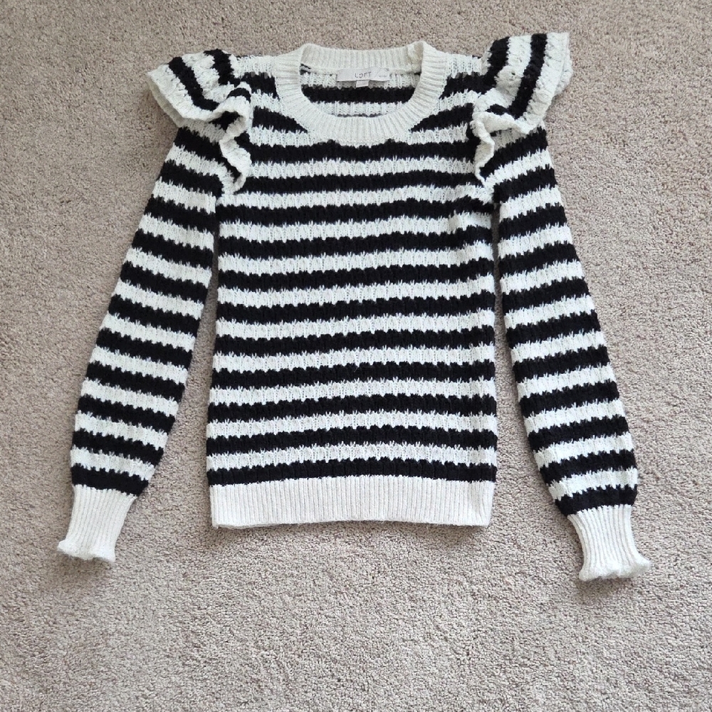 NWOT LOFT Black and White Striped Sweater with Ruffled Shoulders